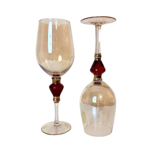 Pier 1 Amber Wine Glasses Set of 2 VTG Elegant Holiday Goblets Bar Cart Decor - Picture 6 of 16